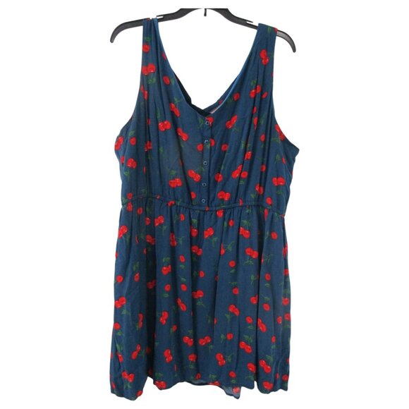 Just Found Tiered Dress Womens 2X Blue Cherry Print V-Neck Sleeveless Cross Back - Picture 1 of 13